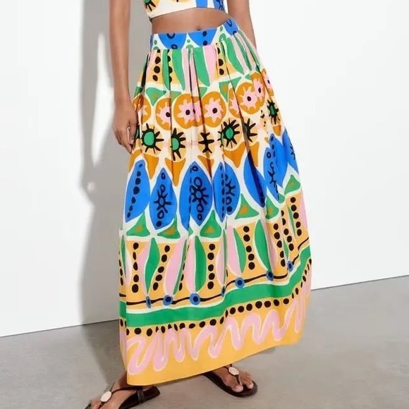 Zara Dresses & Skirts - Zara Womens Multicolor Resort Geometric Print Pleated Midi Skirt M Blogger Fave